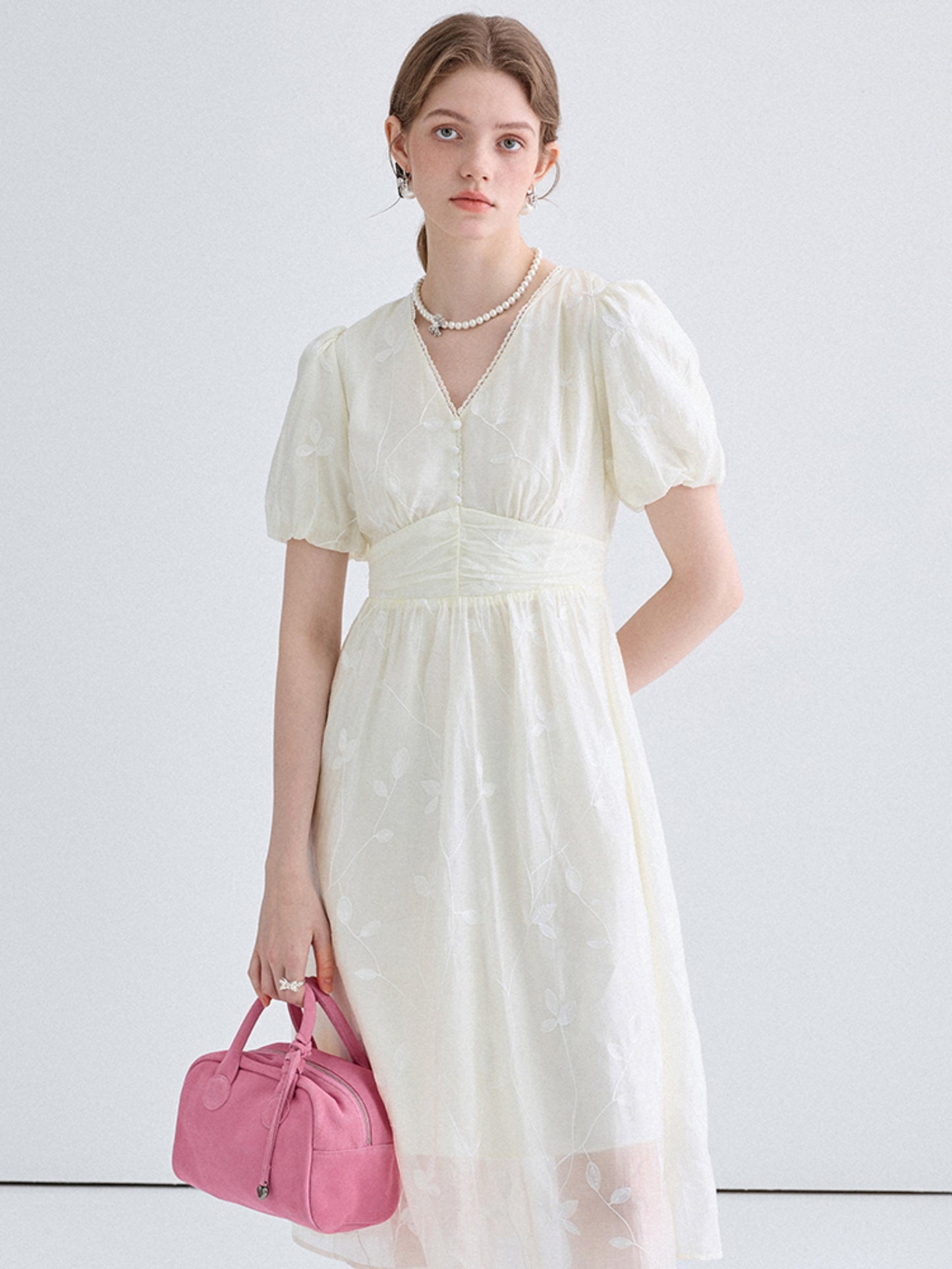 Embroidered Lace V-Neck Tea Break Dress