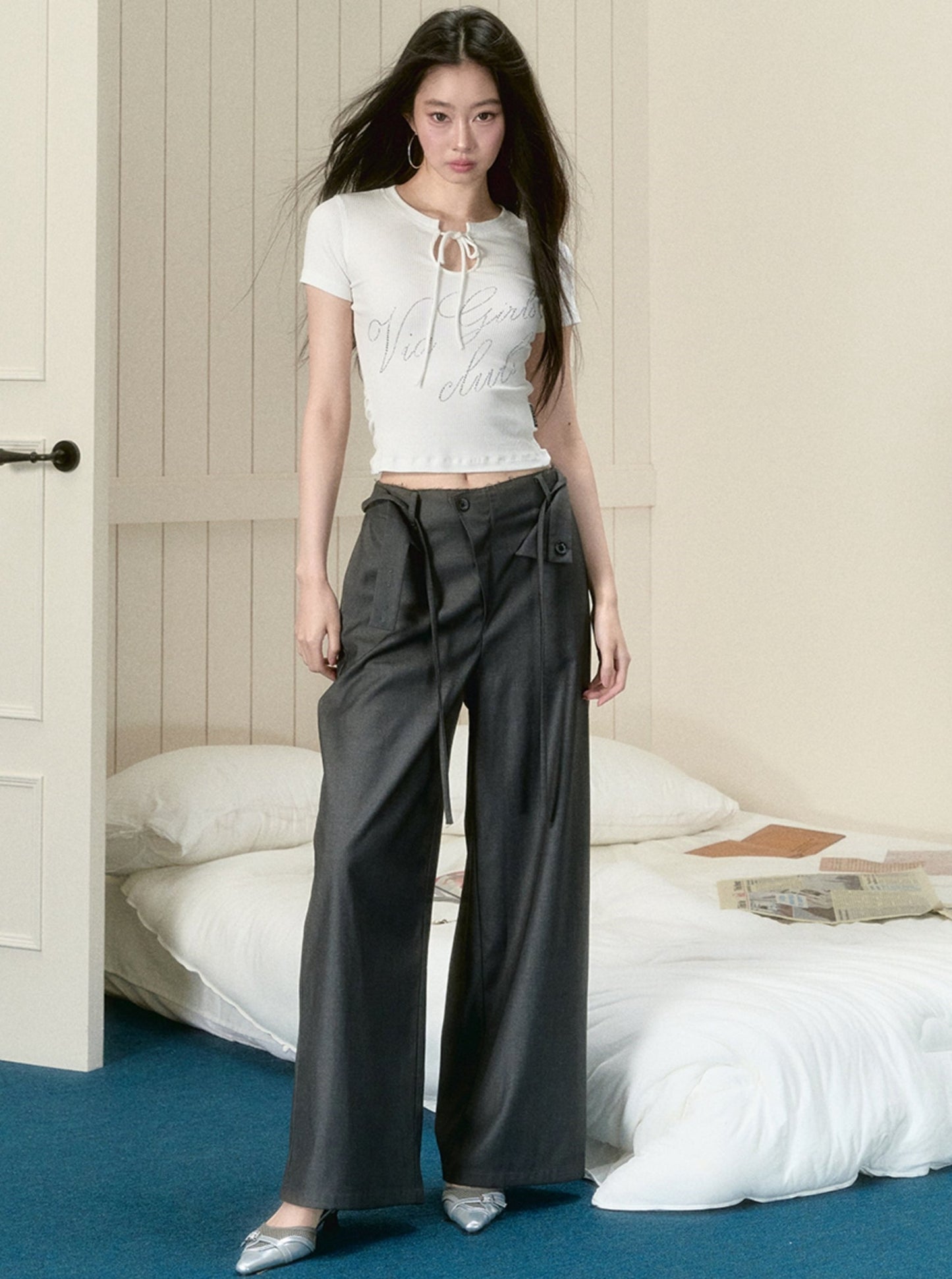 Turned-Up Gray Wide-Leg Pants