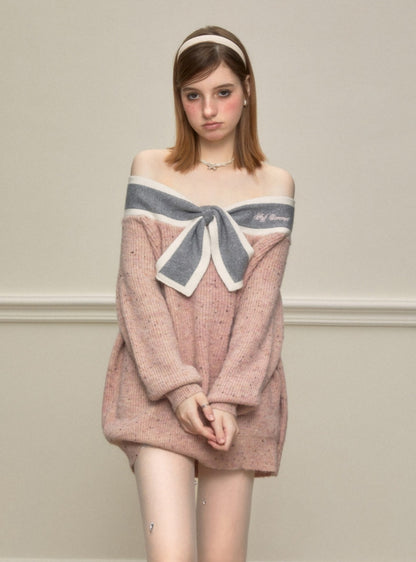 Retro bow one-shoulder loose sweater