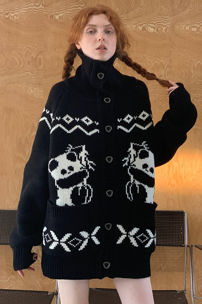 Fun Girly Panda Contrast Vintage Knit Jacket