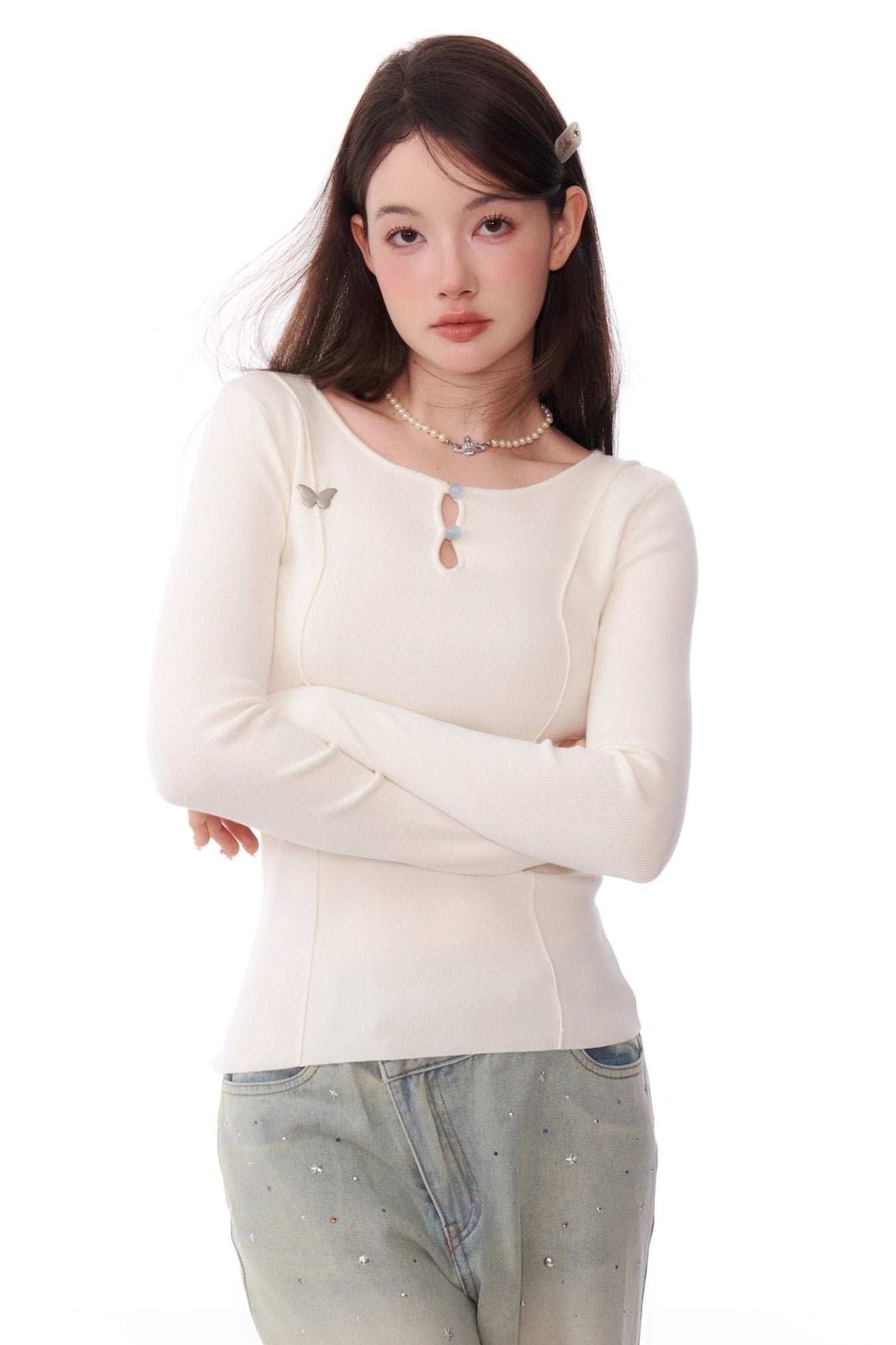 Retro Metal Butterfly Slim Knitted Top