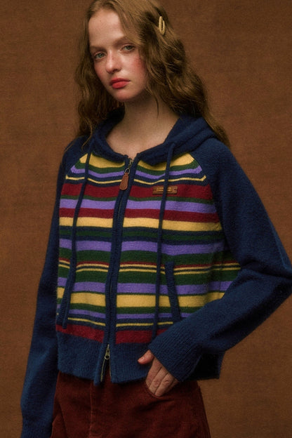 LOLOL ® 24FW College Striped Knit Cardigan Women's Fall/Winter New Contrasting Hooded Sweater Jacket