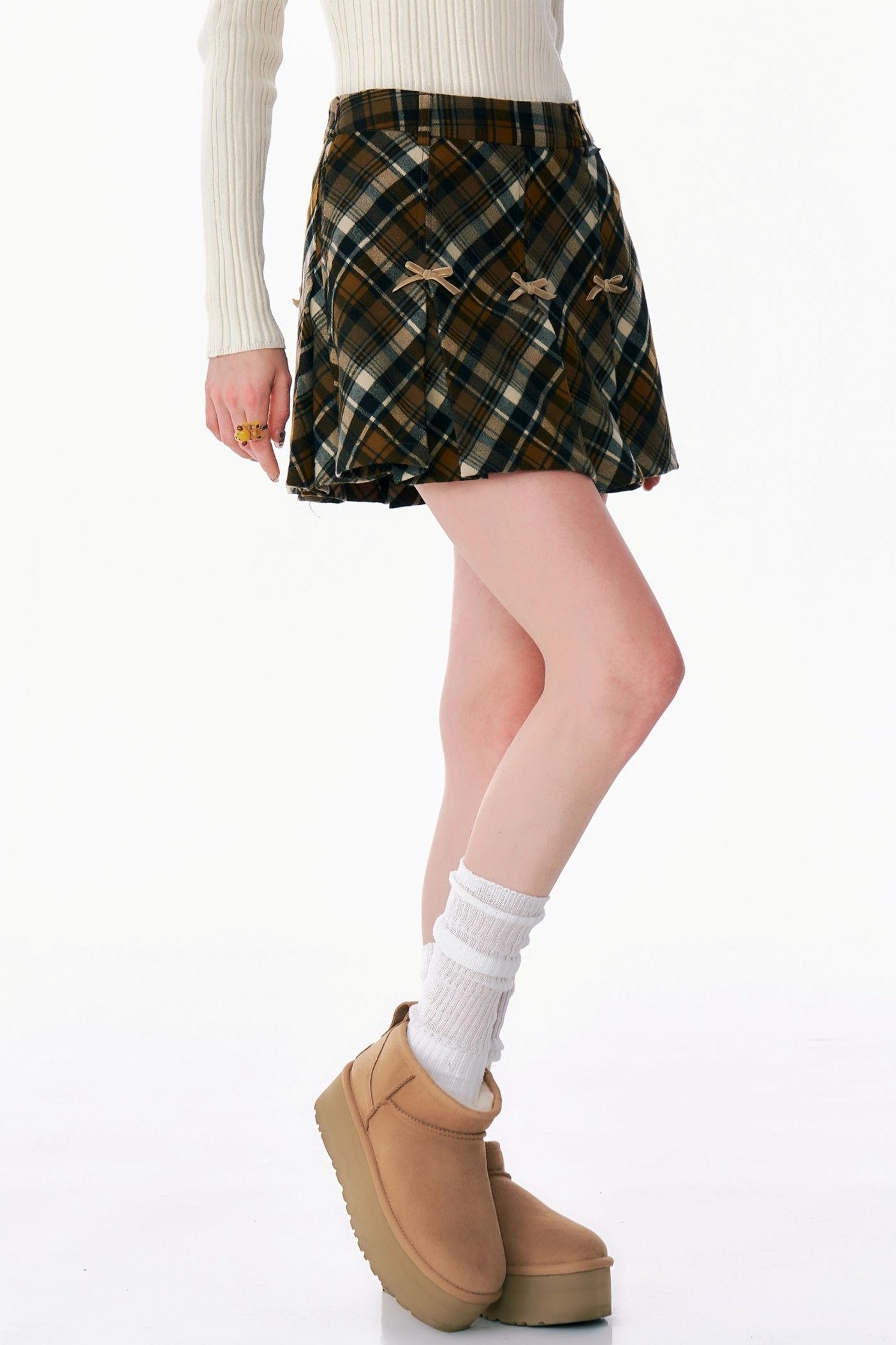 Vintage Bow High Waist Plaid A-Line Skirt