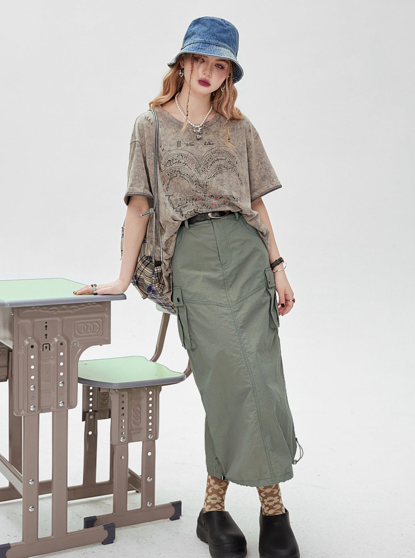 High-Waisted Cargo Long Skirt