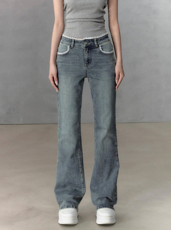 Lace Stitched Slim Flared Pants