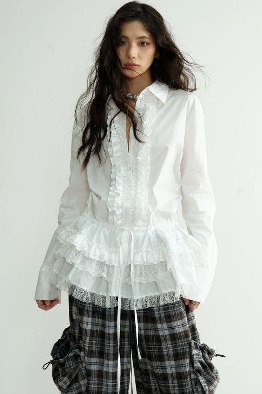 White Lace Tie-Waist Long Shirt