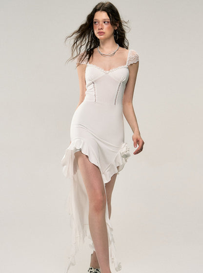 White Lace Cutout Short Sleeve Dress