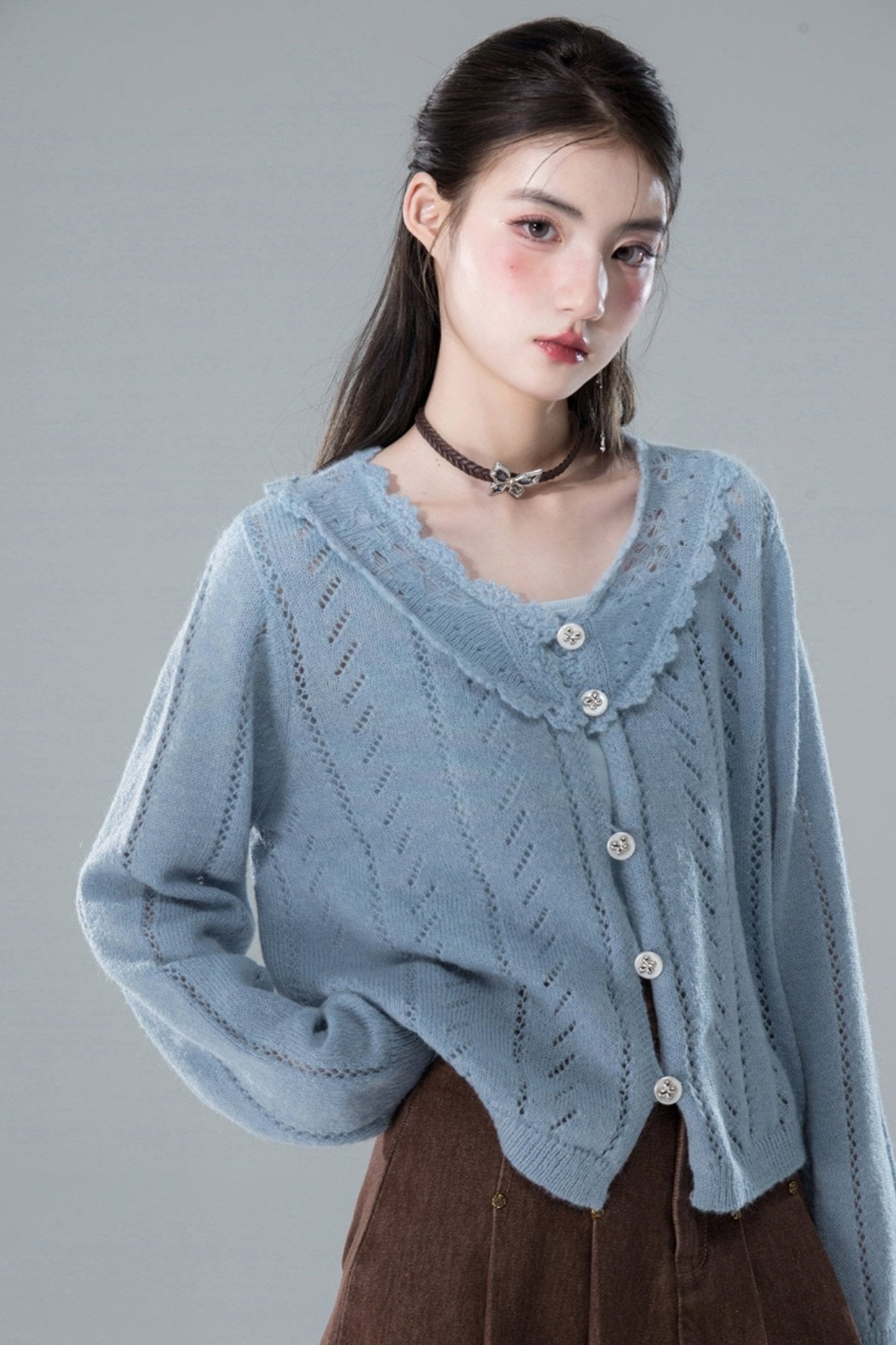 Mist Blue Crochet Mohair Cardigan