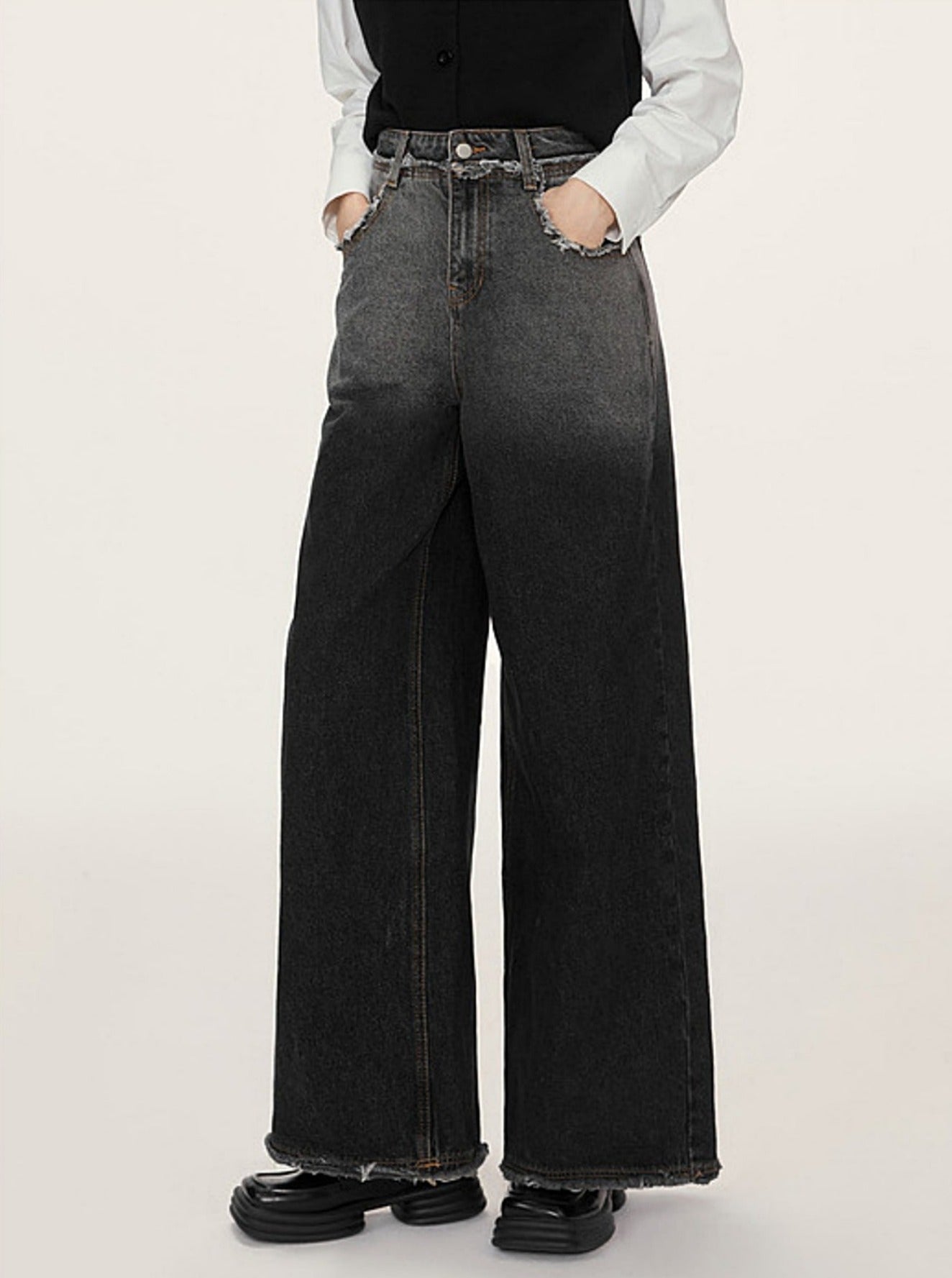 Raw Edge Gradient Wide-Leg Jeans Pants