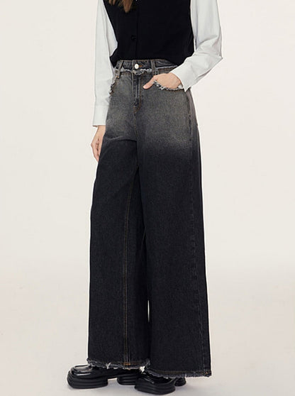 Raw Edge Gradient Wide-Leg Jeans Pants