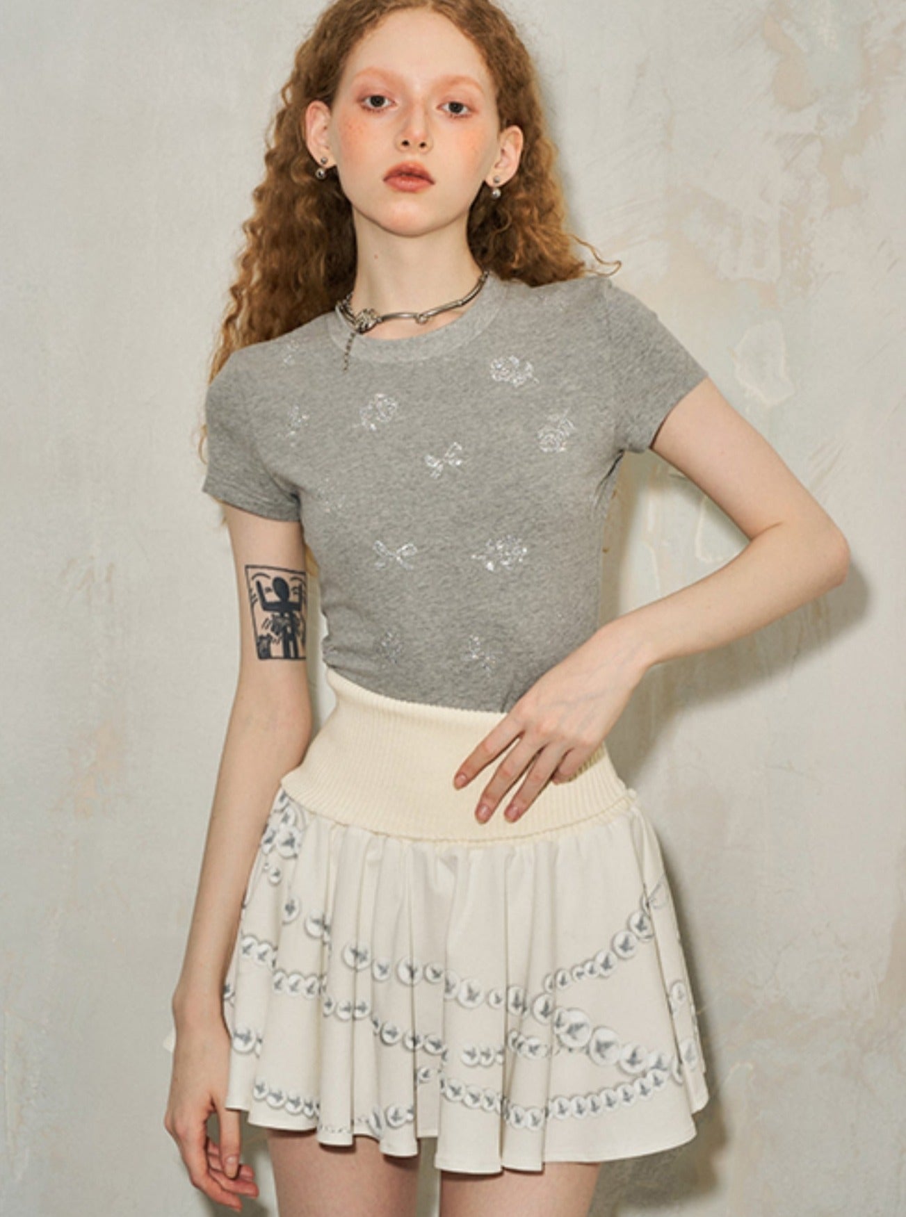Imitation Pearl Print Skirt