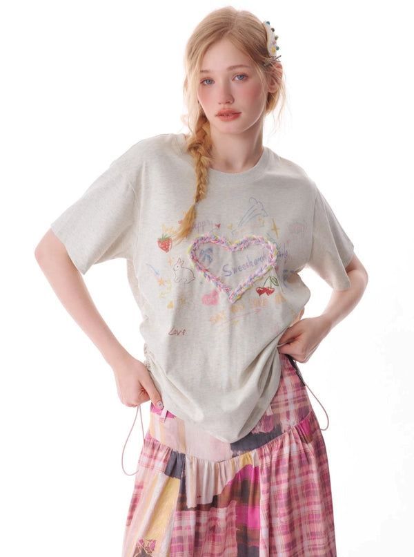 Drawstring Love Print Top