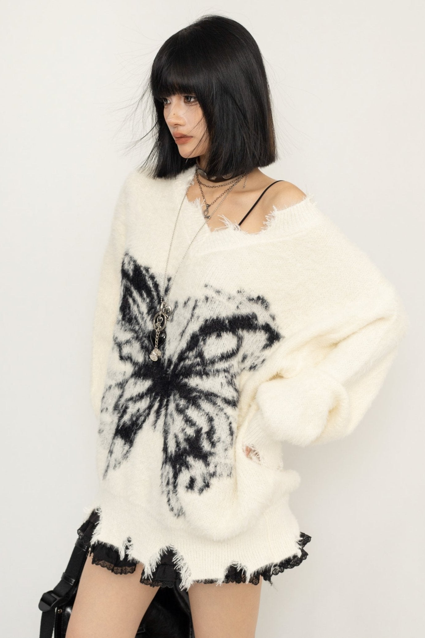 Frayed Sweater Butterfly Print Top