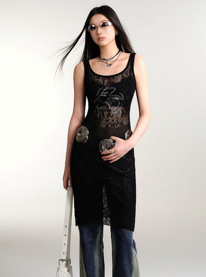 Sheer Lace Print Vest Dress