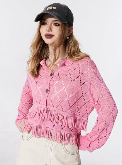 French Tassel Cut-Out Cardigan Top