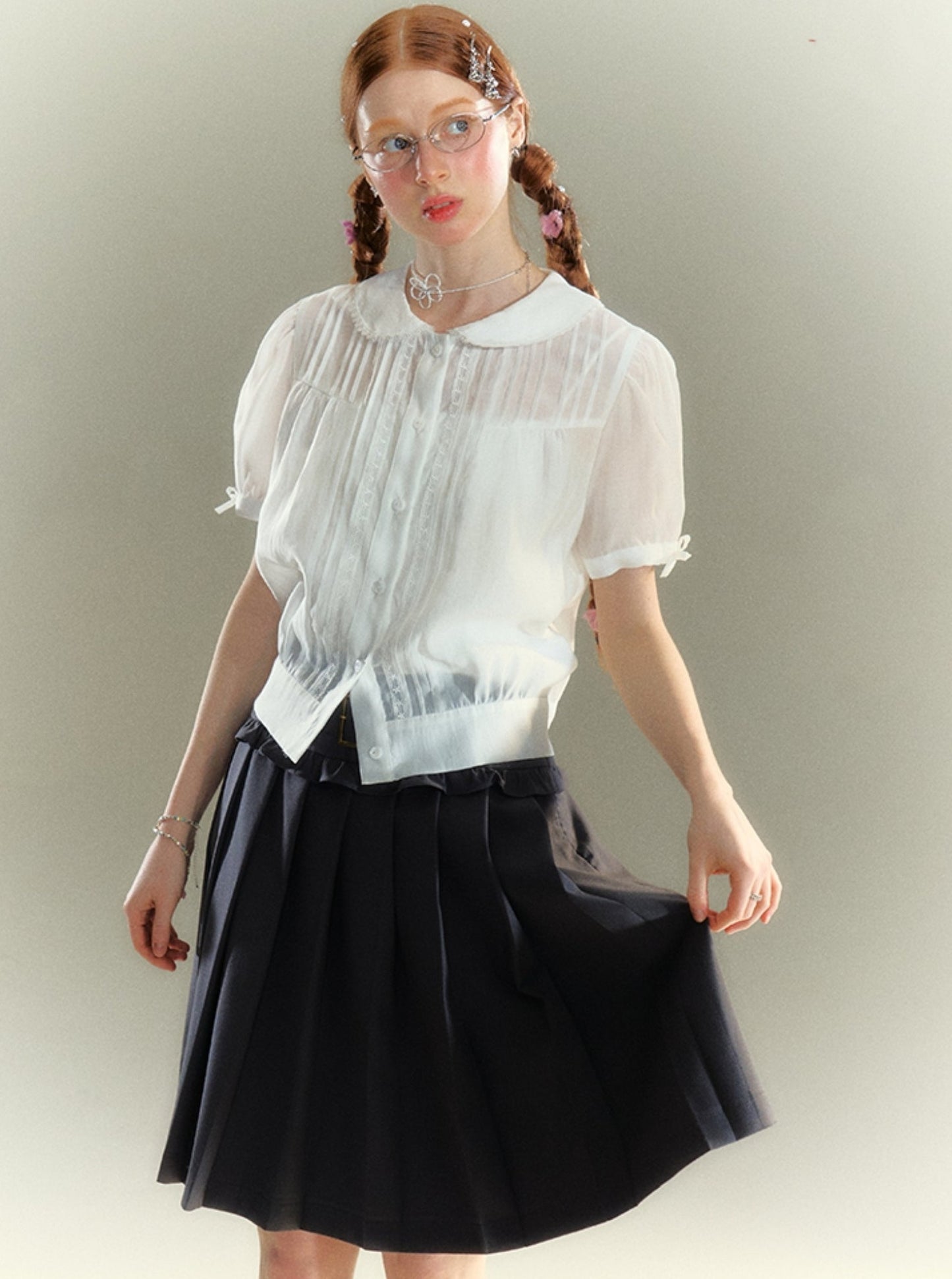 American Double Belt Pleated Skirt