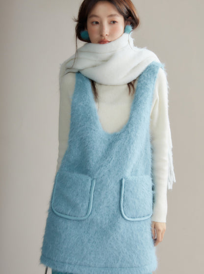 Plush faux mink fur A-line vest dress