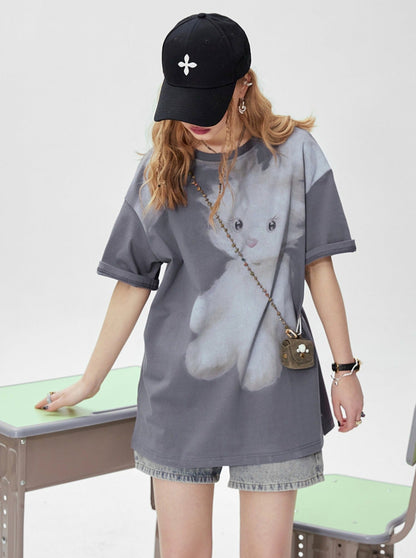 Bunny Print Slim Shoulder T-Shirt