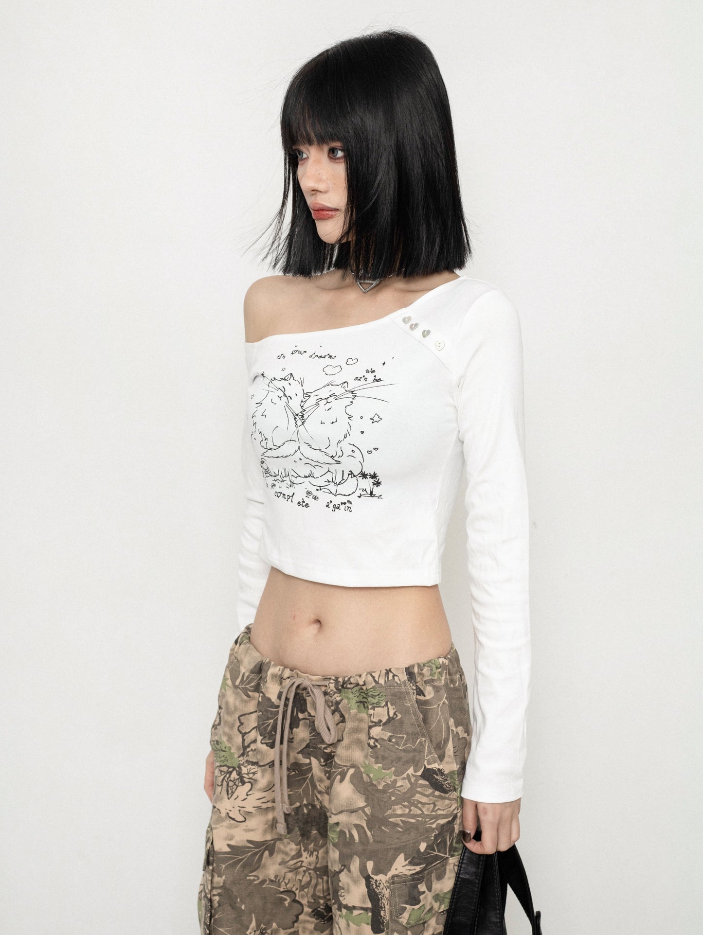 Cat Print Inner Long-Sleeved T-Shirt