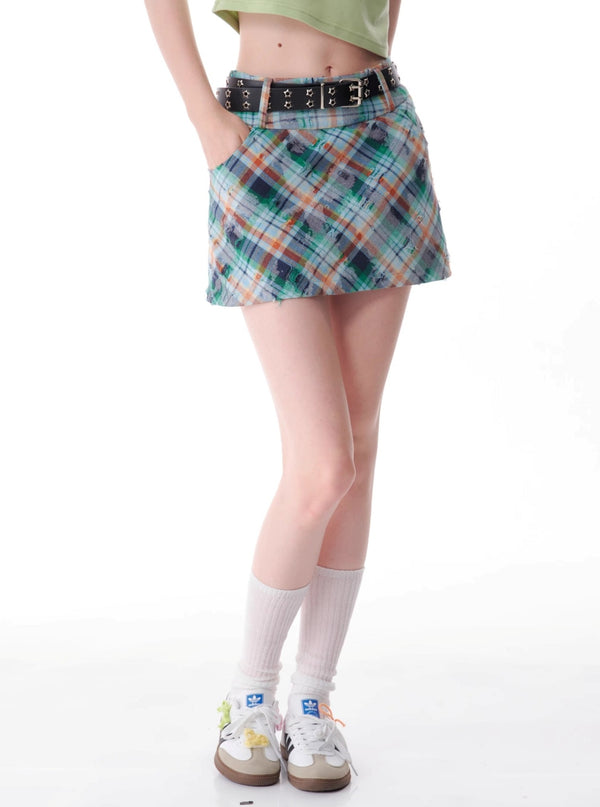 Green Check High-Waist Plaid Skirt