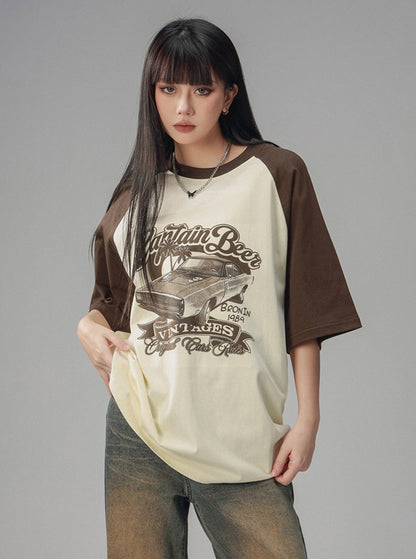 Retro Car Raglan Sleeve Short Sleeve Top