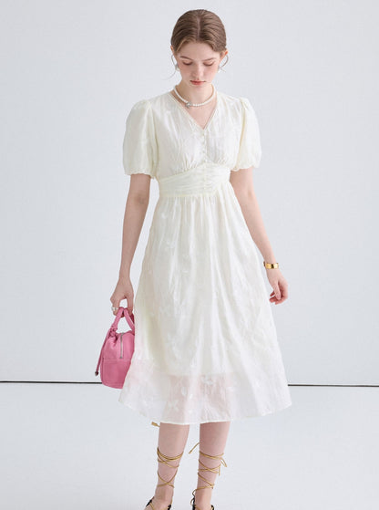 Embroidered Lace V-Neck Tea Break Dress