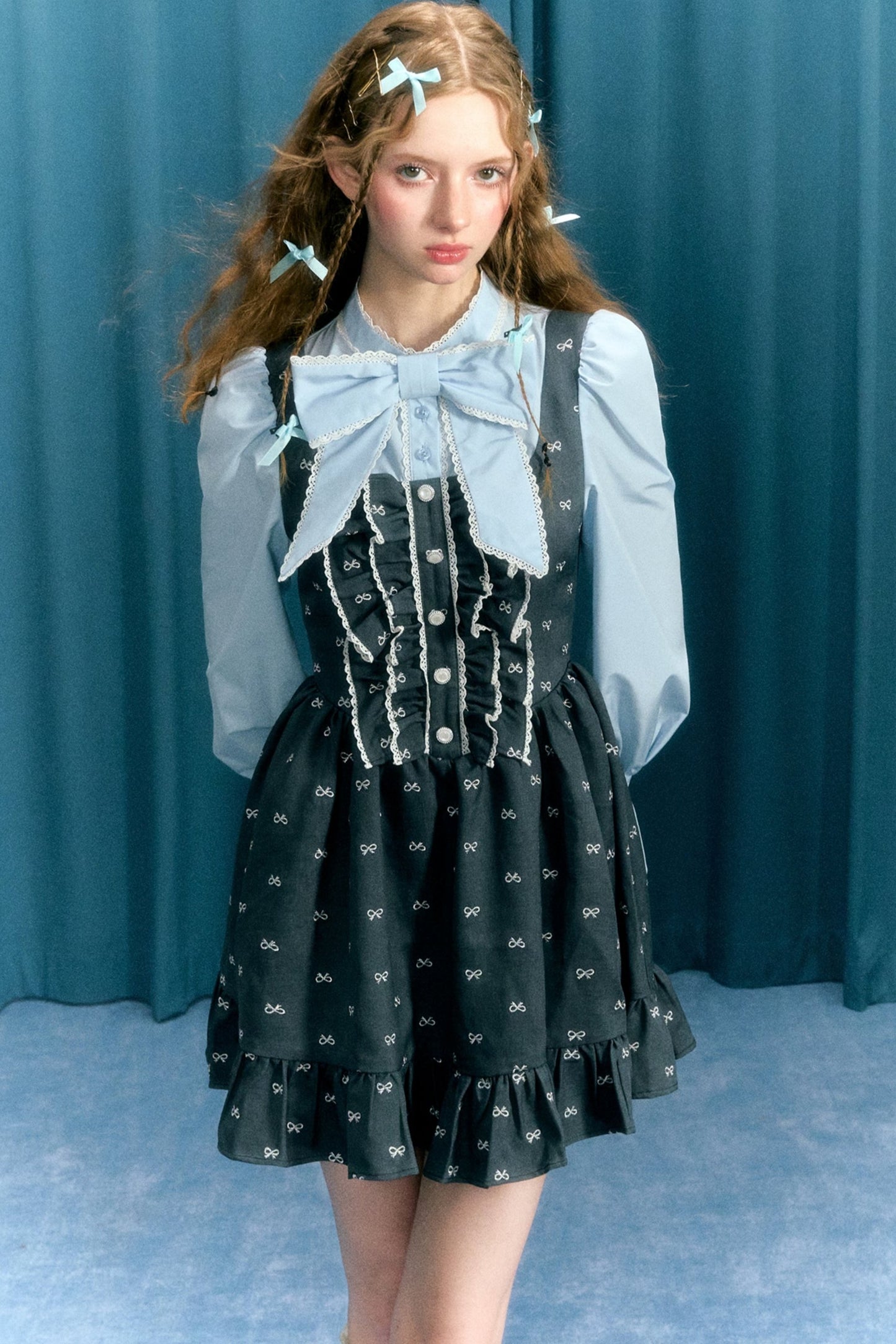 Erzähler Original Design blau grau Bogen College Puffärmel lange Ärmel gefälschte zweiteilige Kleid Tutu