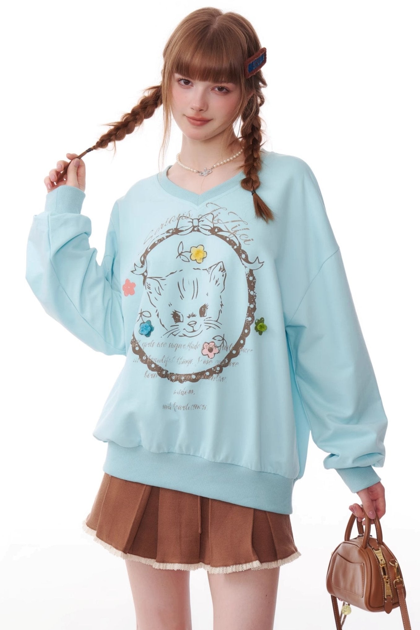 Cat Print Drawstring Loose Sweatshirt