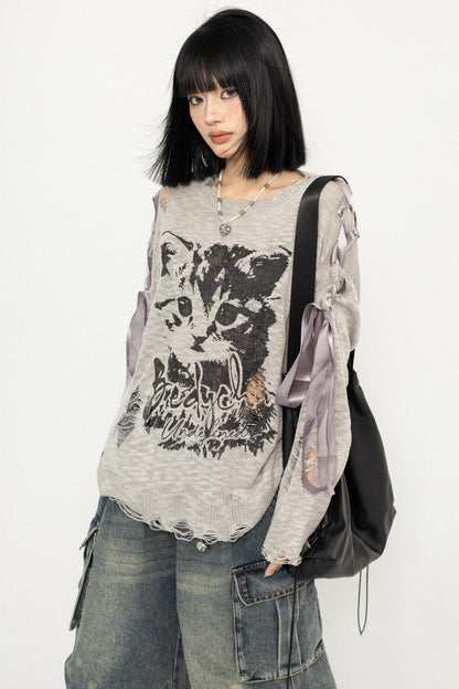 Cat Jacquard Lace-Up Top