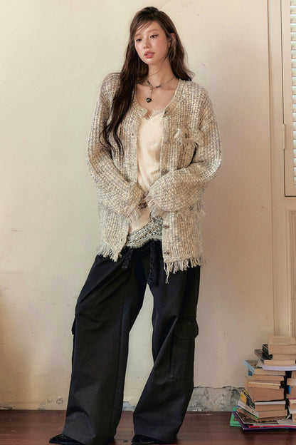 Lace Panel Sweater Jacket with Contrasting Knit Cardigan Vest