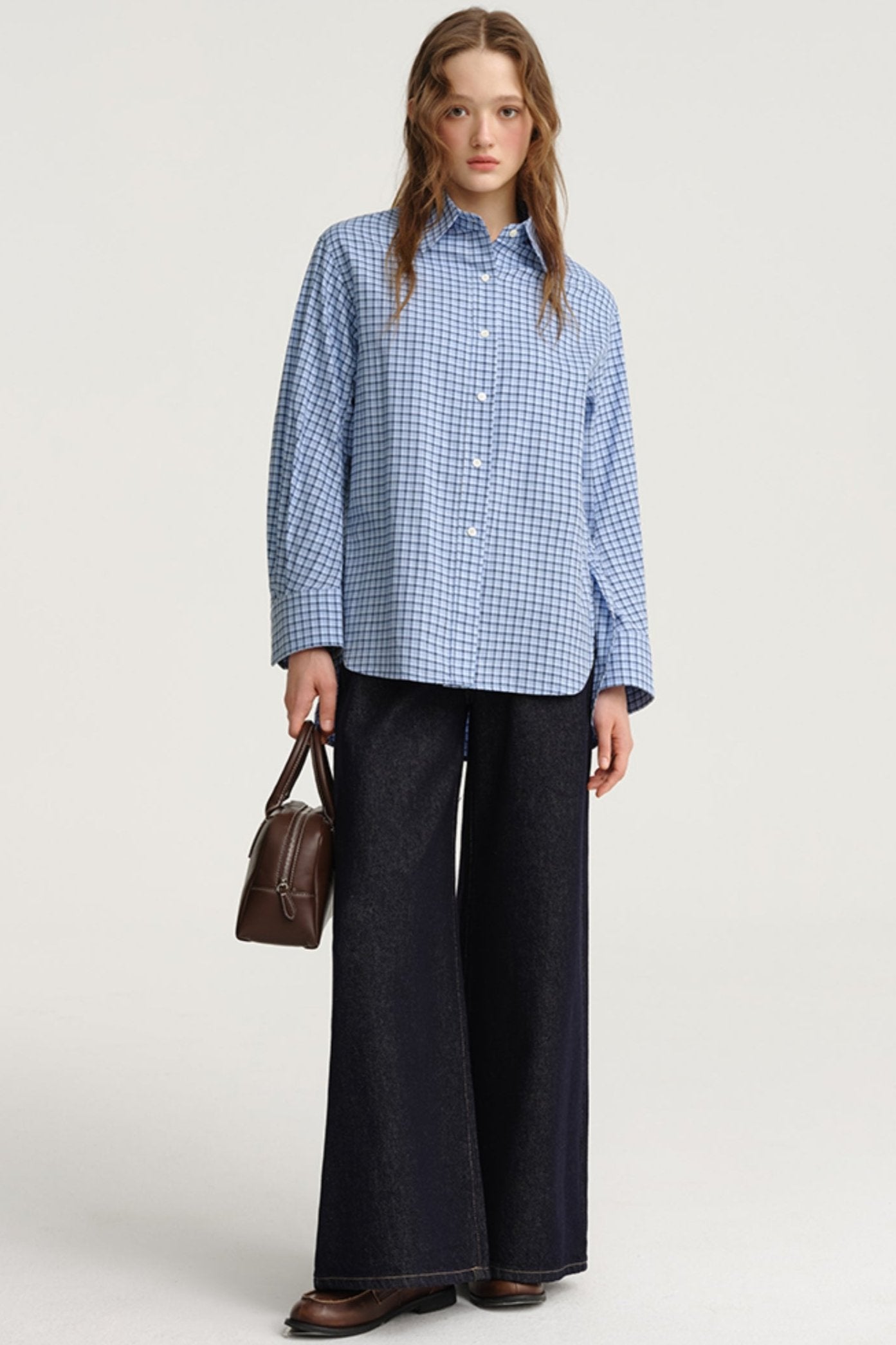 DESIGNER PLUS BLUE PLAID MIU SHIRT PRE-FALL 2024 LAZY RETRO COTTON SHIRT