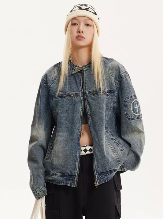 American Retro Washed Denim Biker Jacket