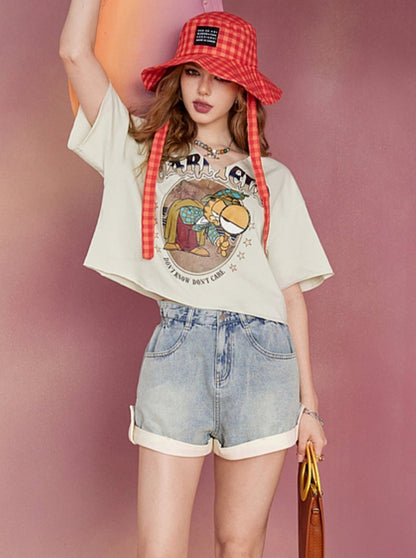 Retro Cartoon Print Short Sleeve Shirt