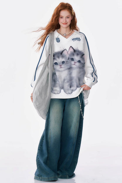 Cat Print Loose V-Neck Sweatshirt