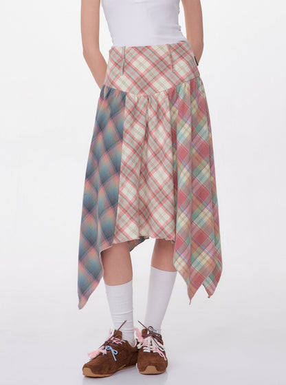 Contrast Stitching Pink Plaid Skirt