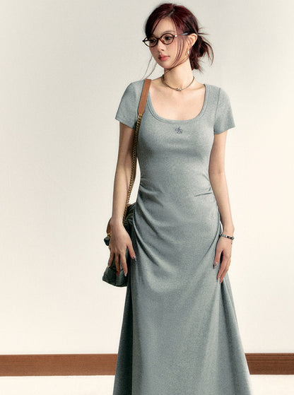 Square Neck Waist Cinched Long Dress