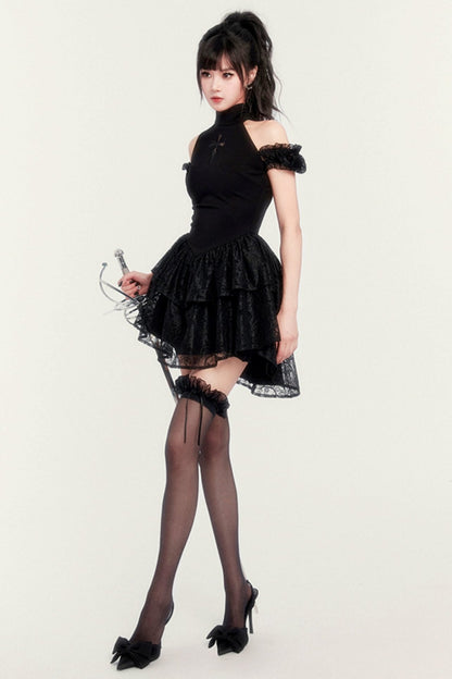 Gothic Cross Cut-Out Tutu Dress With Shorts Legging Set-UP