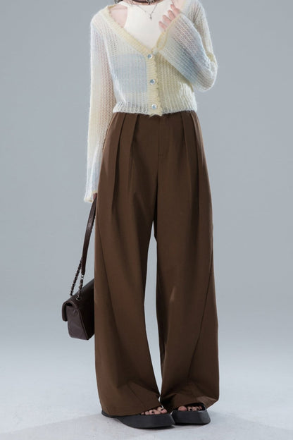 Ruched Brown Wide-Leg Trousers