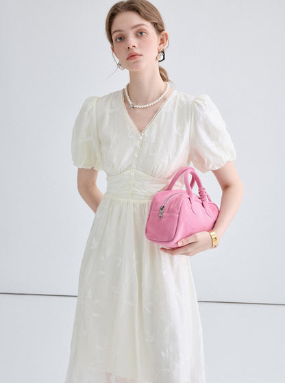 Embroidered Lace V-Neck Tea Break Dress