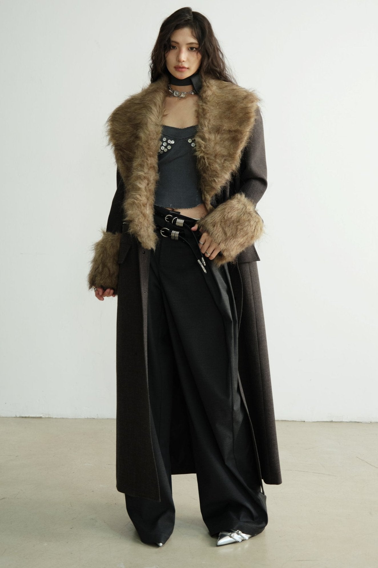 Detachable Fur Collar Long Blazer