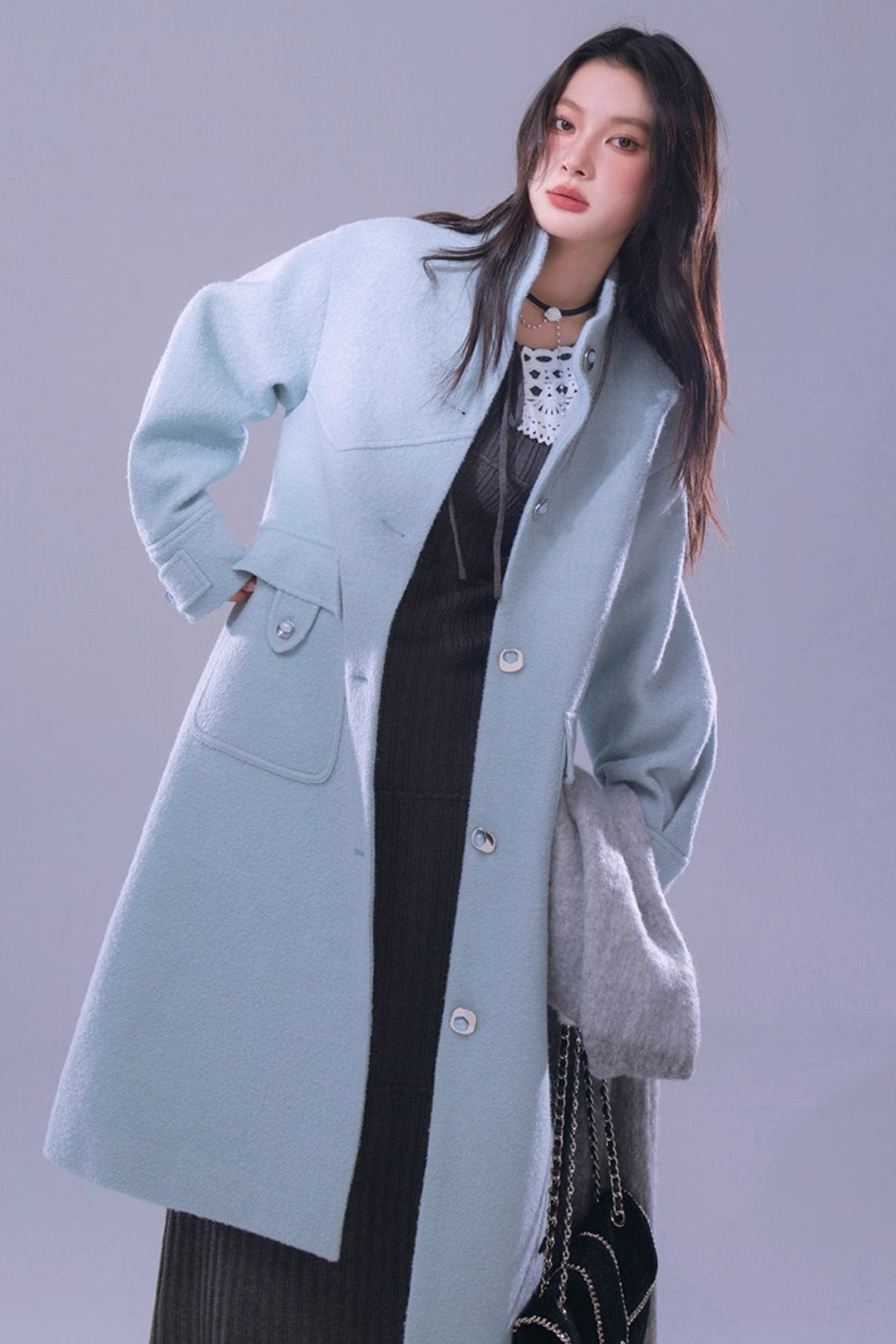 Blue Waxy Wool Long Coat