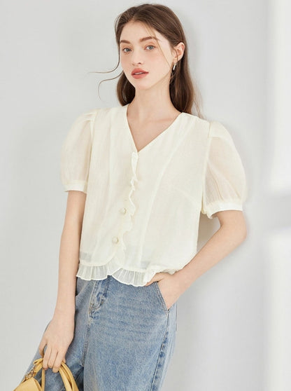 Chiffon Temperament V-Neck Ruffle Top