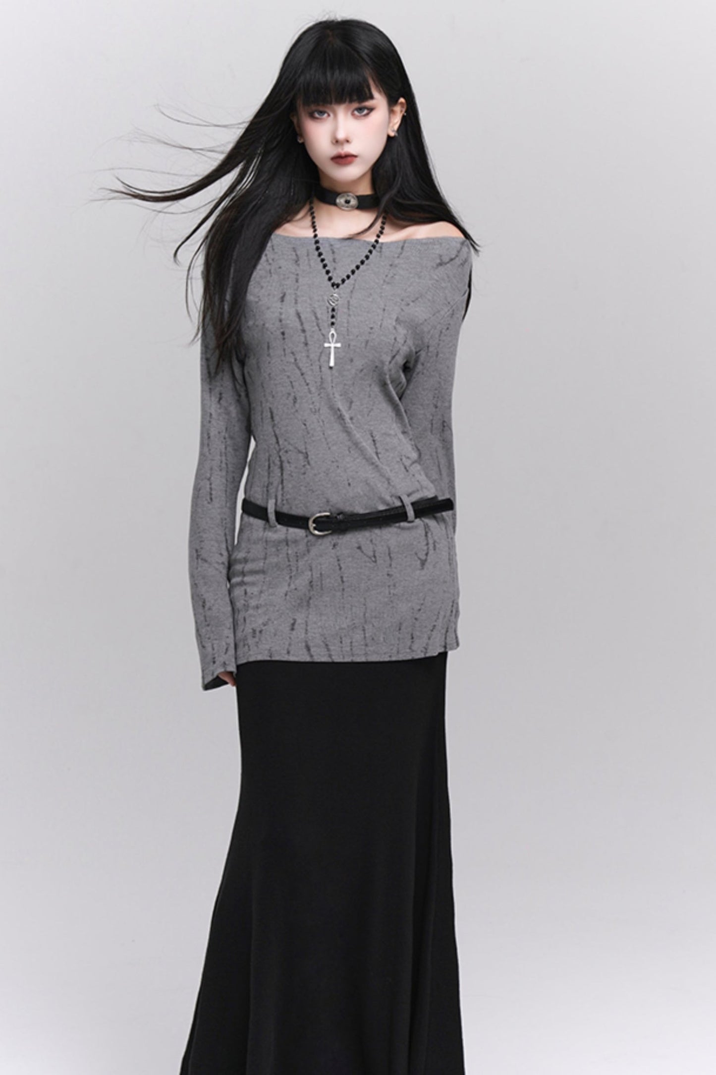 Ghost Girl Pre-Autumn Outfit 2024 New Sweet and Spicy One-Shoulder Top Sweet and Spicy CIC Long-Sleeved Knit