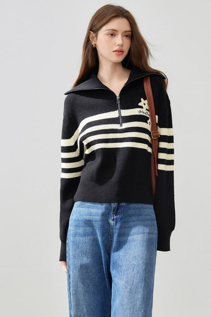 Athleisure Half Zipper Striped Sweater