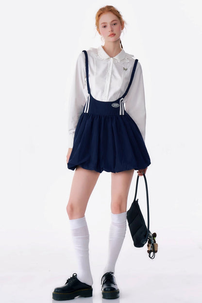 Retro Dark Blue Sportswear Puffy Strap Skirt