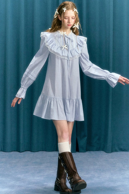 Bow Ruffled Stripe Long Sleeve Dress