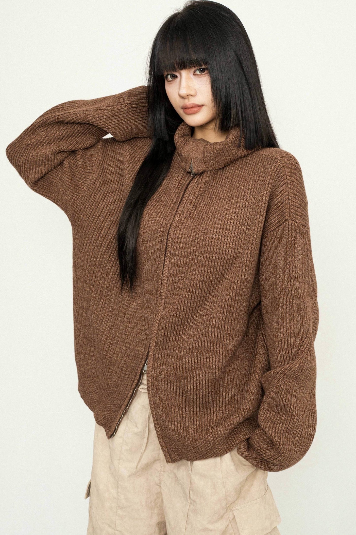 High Neck Zip Knit Sweater