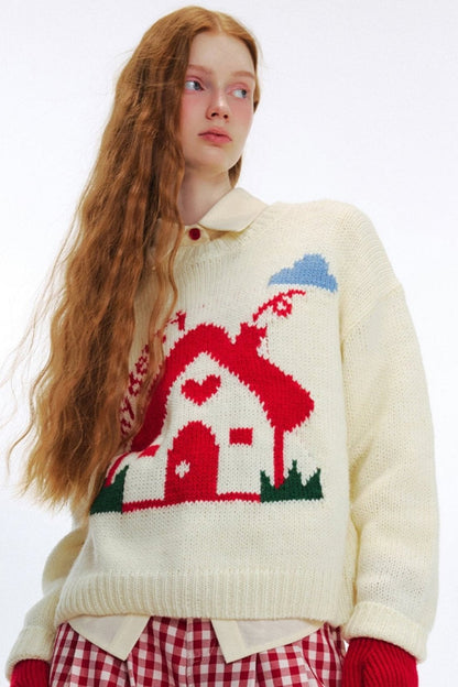 WhyBerry 24AW "Fairy Tale House" Cute Loose Little House Pullover Einfache Rundhalsausschnitt Lazy Style