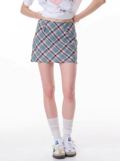 Pink Blue Plaid A-Line Skirt