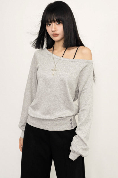 OCTTFLAB's neue Frühjahr und Herbst einfach off-the-shoulder schlankes Top, one-shoulder Langarm-Sweatshirt, Design Sinn schlankes T-Shirt